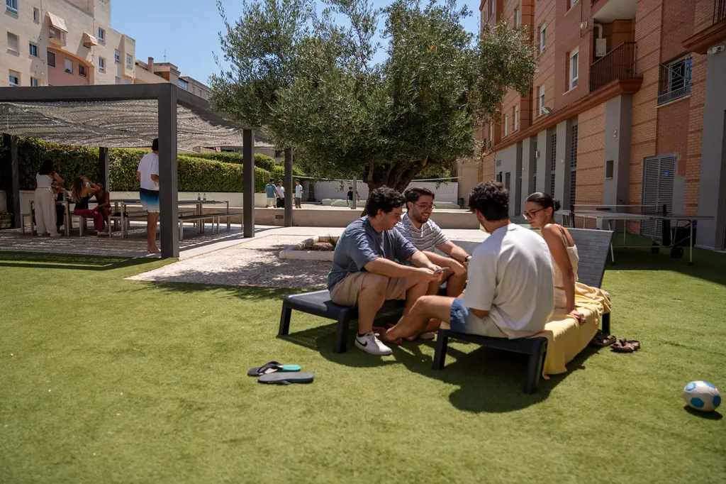 Grupo de residentes charlando a la sombra del olivo en el jardín